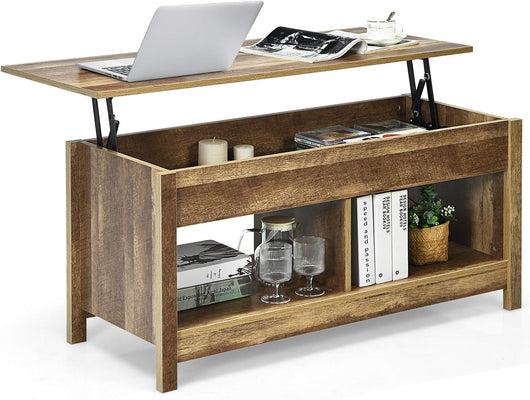 Tavolino Salotto Sollevabile, Tavolino da Caffè Basso con Scompartimenti Nascosti e Mensole, Tavolino Moderno per Soggiorno, Salone e Studio, 109 x 47,5 x 50-63 cm (Quercia)