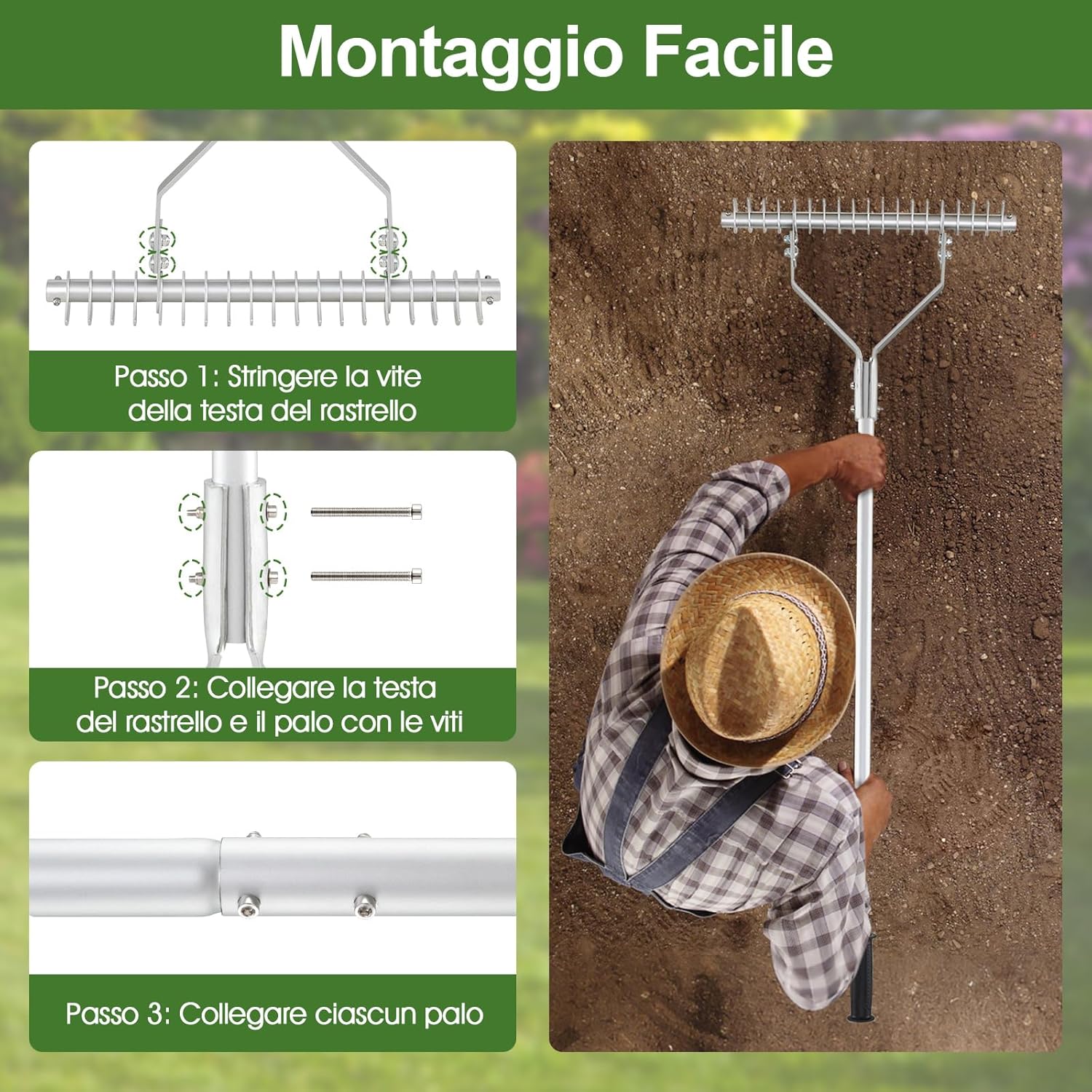 Arieggiatore per Prato 178 cm, Rastrello per Allentare Suolo da 50 cm in Alluminio con Manico Lungo e 19 Denti Curvi, Arieggiatore Manuale da Giardino e Cortile