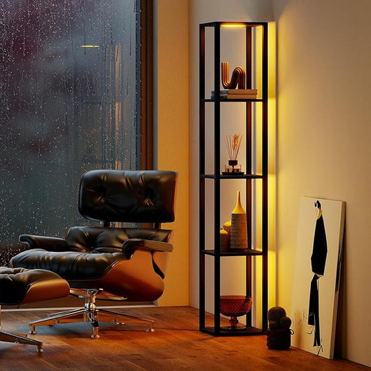 Lampada da Terra con Ripiani, Espositore Autoportante a 4 Livelli con Luci LED Dimmerabili a 3 Vie e Interruttore a Pedale, Lampada da Scaffale Moderna in Legno per Salotto e Studio