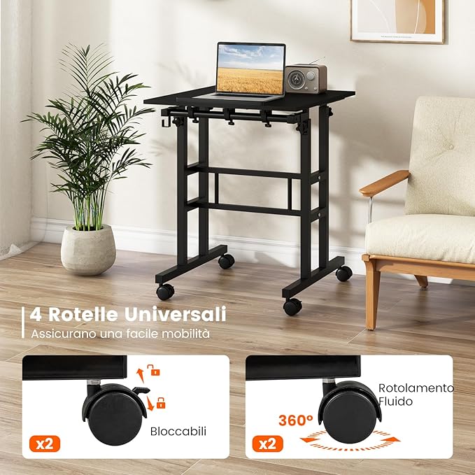 Scrivania per Computer Regolabile in Altezza, Scrivania Salvaspazio con Ruote e Ganci, Tavolo Porta PC per Studio e Ufficio, 60 x 60 x 72-124 cm (Nero)