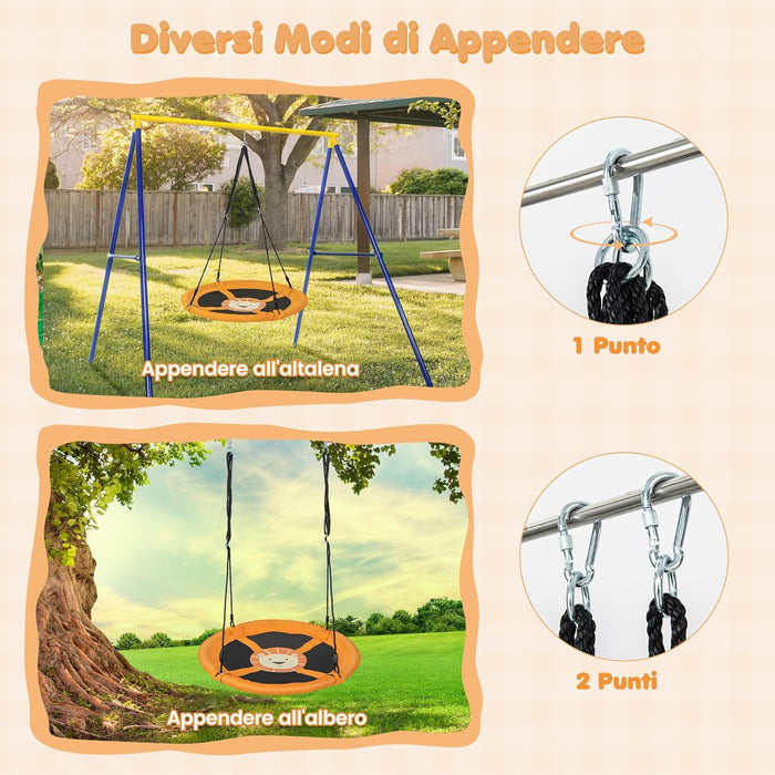 Altalena a Cerchio da 102 cm, Altalena a Nido con Corde Regolabili e Moschettoni, Tessuto Oxford Impermeabile, Altalena Rotonda da Esterno con Rotazione a 360Â° per Bambini(Giallo)