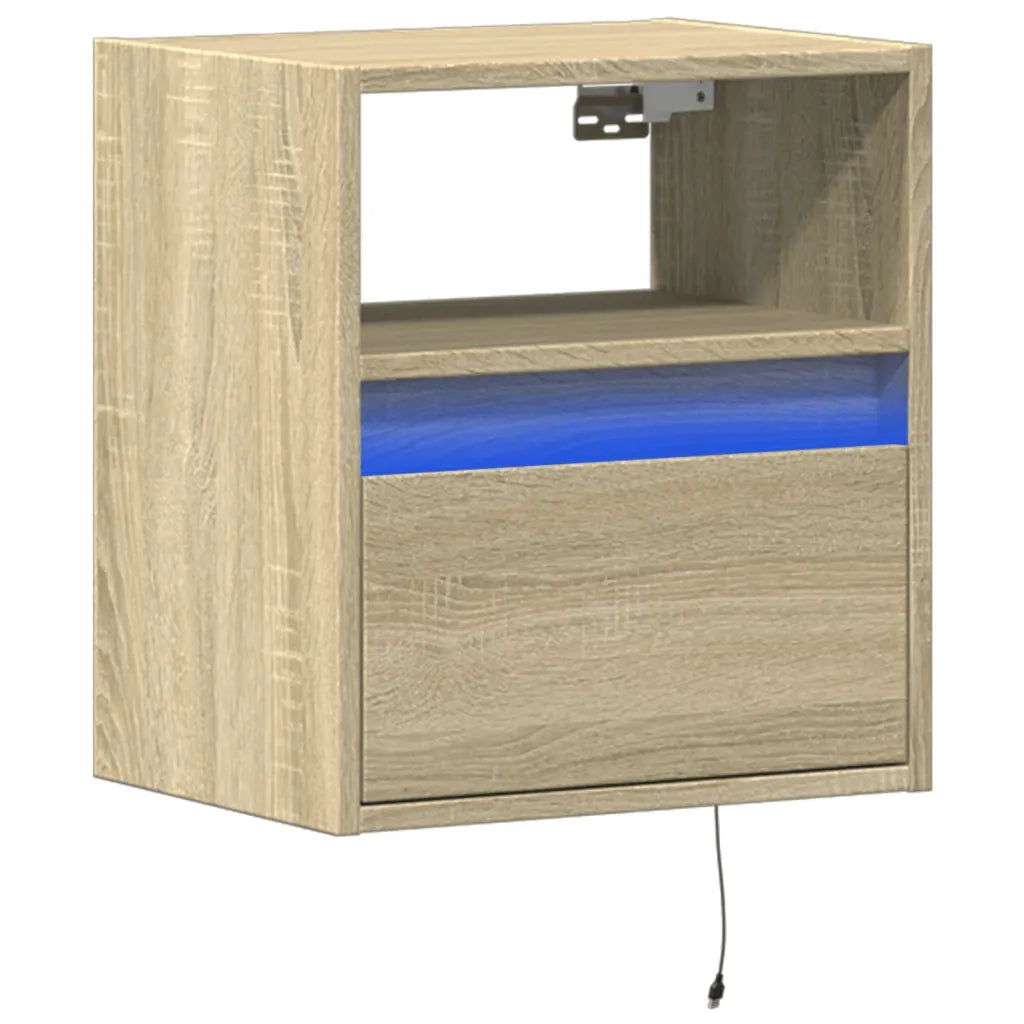 Comodino a Parete con Luci LED-Tavolino da notte sospeso Rovere Sonoma 527546