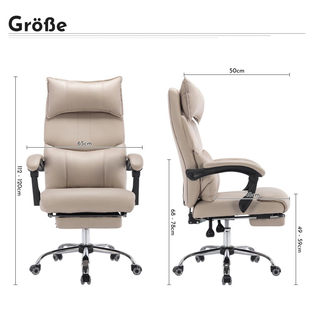 Chaise de bureau ergonomica girevole con supporto lombare regolabile e poggiapiedi in tessuto tecnico beige