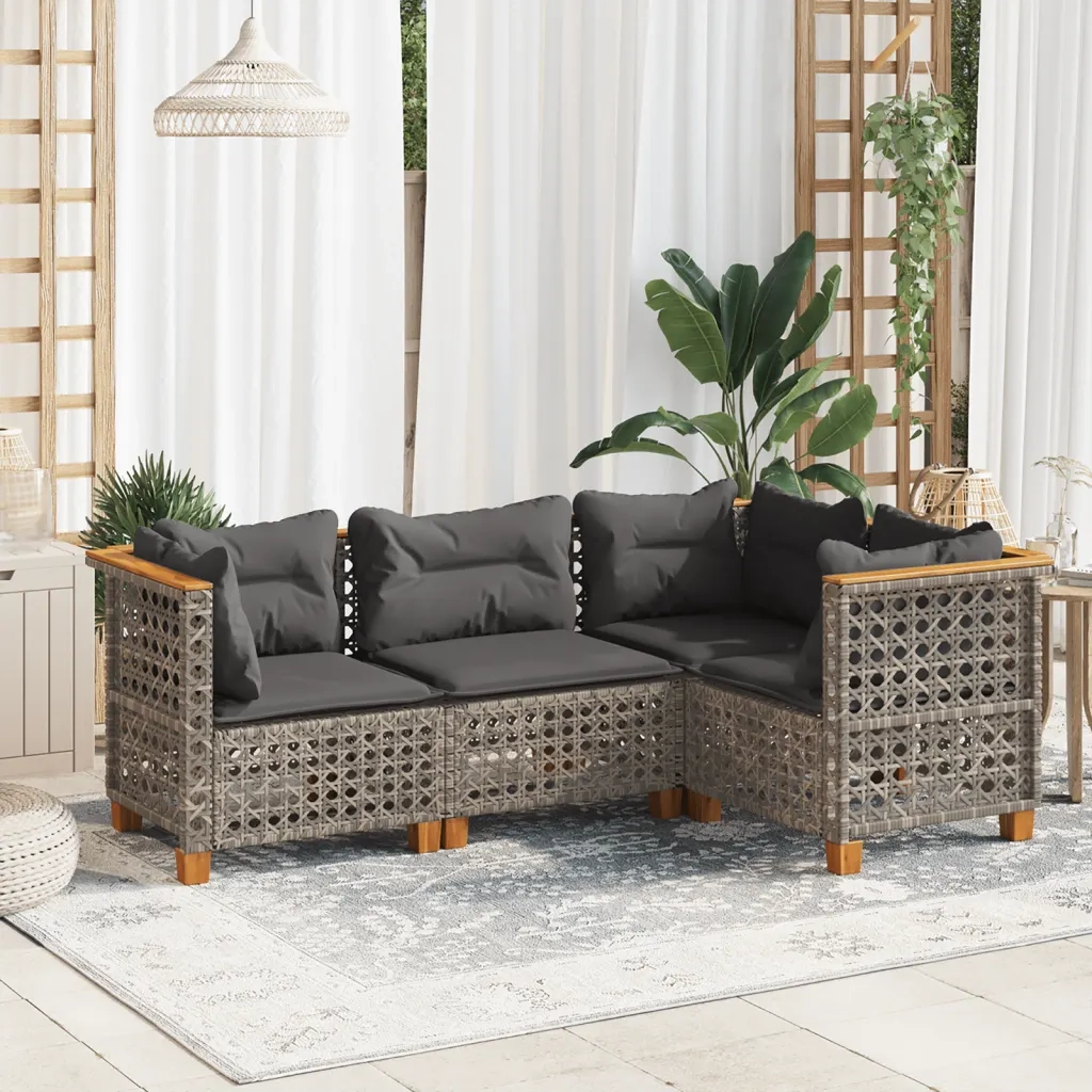 Set Divani da Giardino 4 pz con Cuscini in Polyrattan Grigio