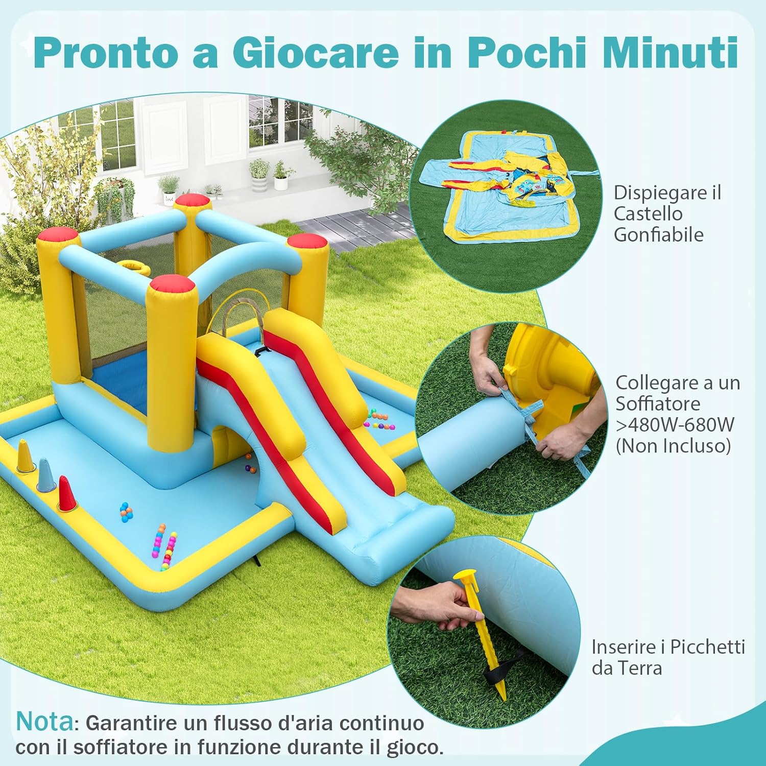 Castello Gonfiabile 7 in 1 per Bambini con Scivolo, Castello Gonfiabile con Mongolfiera, 50 Palline, Anelli e Basket, Gioco Gonfiabile da Interno ed Esterno, per Bambini da 3 a 10 Anni