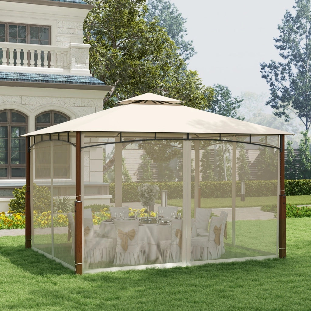 Gazebo da esterno 3,6x3m con reti tetto a doppio strato telaio metallico, Rifugio solare impermeabile per patio Beige-Gazebo