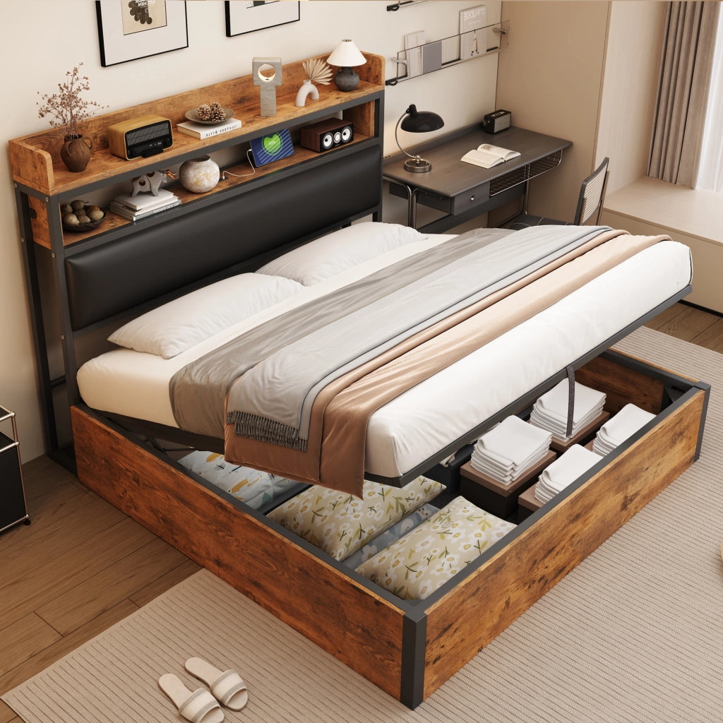 LETTO Contenitore 180x200 cm Nero in Metallo e Legno con USB