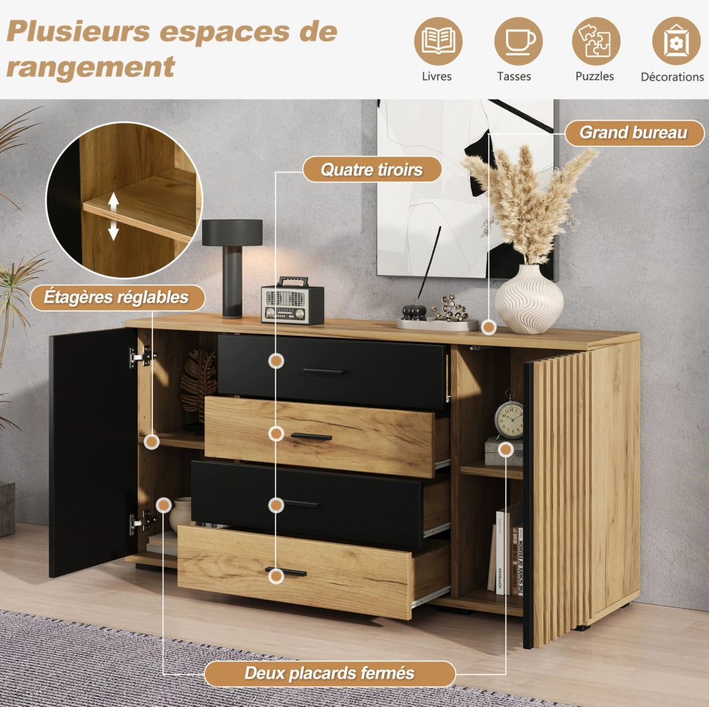 Credenza 140x35x70 cm in MDF; 4 cassetti e 2 ante con ripiani regolabili; nero e rovere