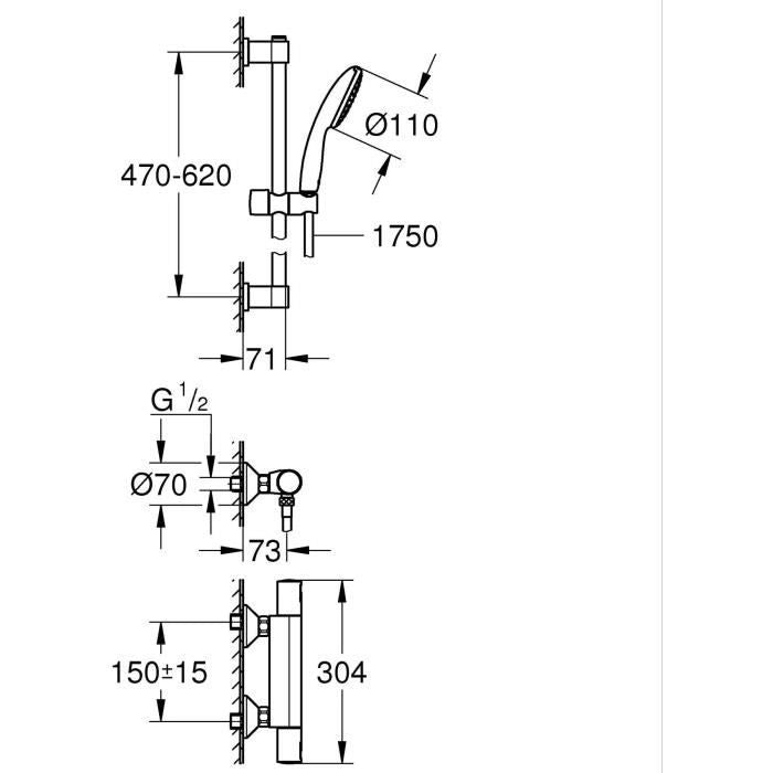 Set doccia con miscelatore termostatico, soffione 1 getto, asta 60 cm e flessibile - GROHE 34597001 - Water saving - Cromo