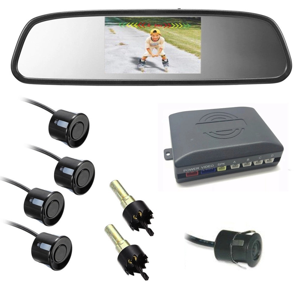 Trade Shop - Kit Parcheggio Auto 4 Sensori Neri Telecamera Retromarcia Specchietto Monitor -
