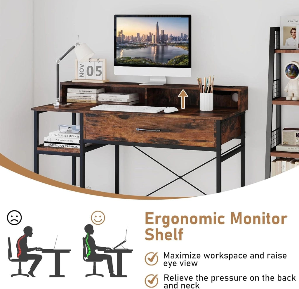 Scrivania per Computer con Cassetto e Scaffale a 2 Livelli, Scrivania per Home Office con Mensola per Monitor e Stazione di Ricarica Integrata (Marrone)