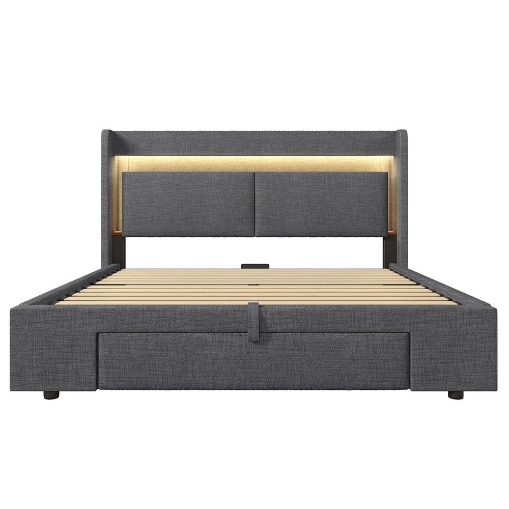 Letto imbottito con testiera - Xylo - 140x200 cm - Grigio lino - Con spazio idraulico, LED, USB, USB-C