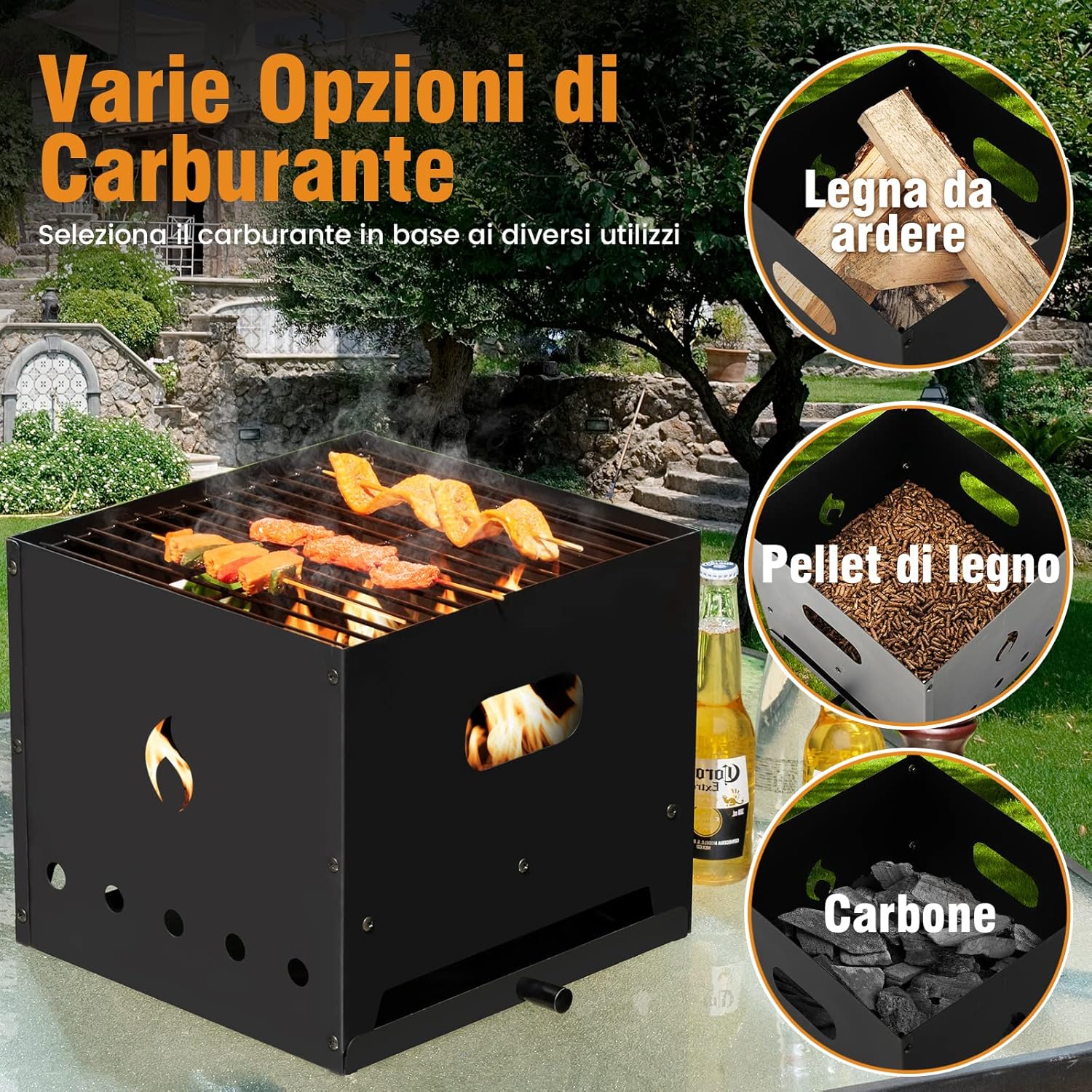 Forno per Pizza Portatile da Esterno - Forno a 2 Strati Staccabile, Pietra per Pizza, Pala per Pizza, Griglia BBQ e Copertura Impermeabile, Forno Riscaldato a Legna, Nero
