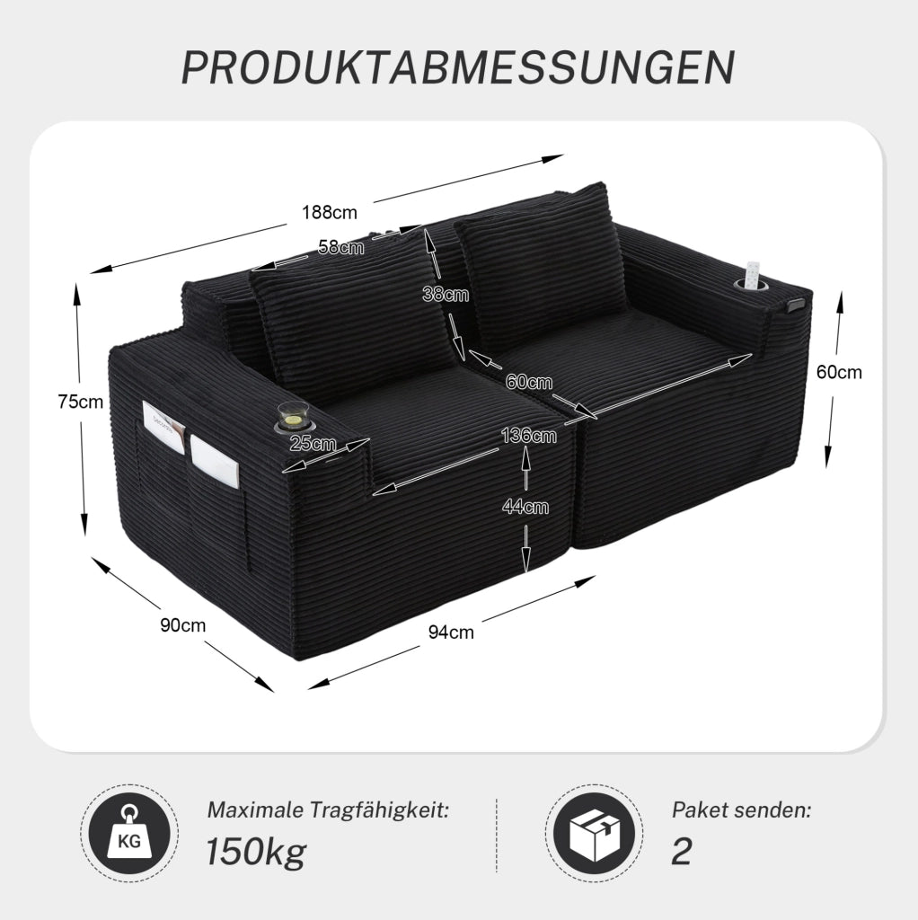 Divano modulare 2 posti 188x90x75 cm nero con portabicchieri, velluto a coste,