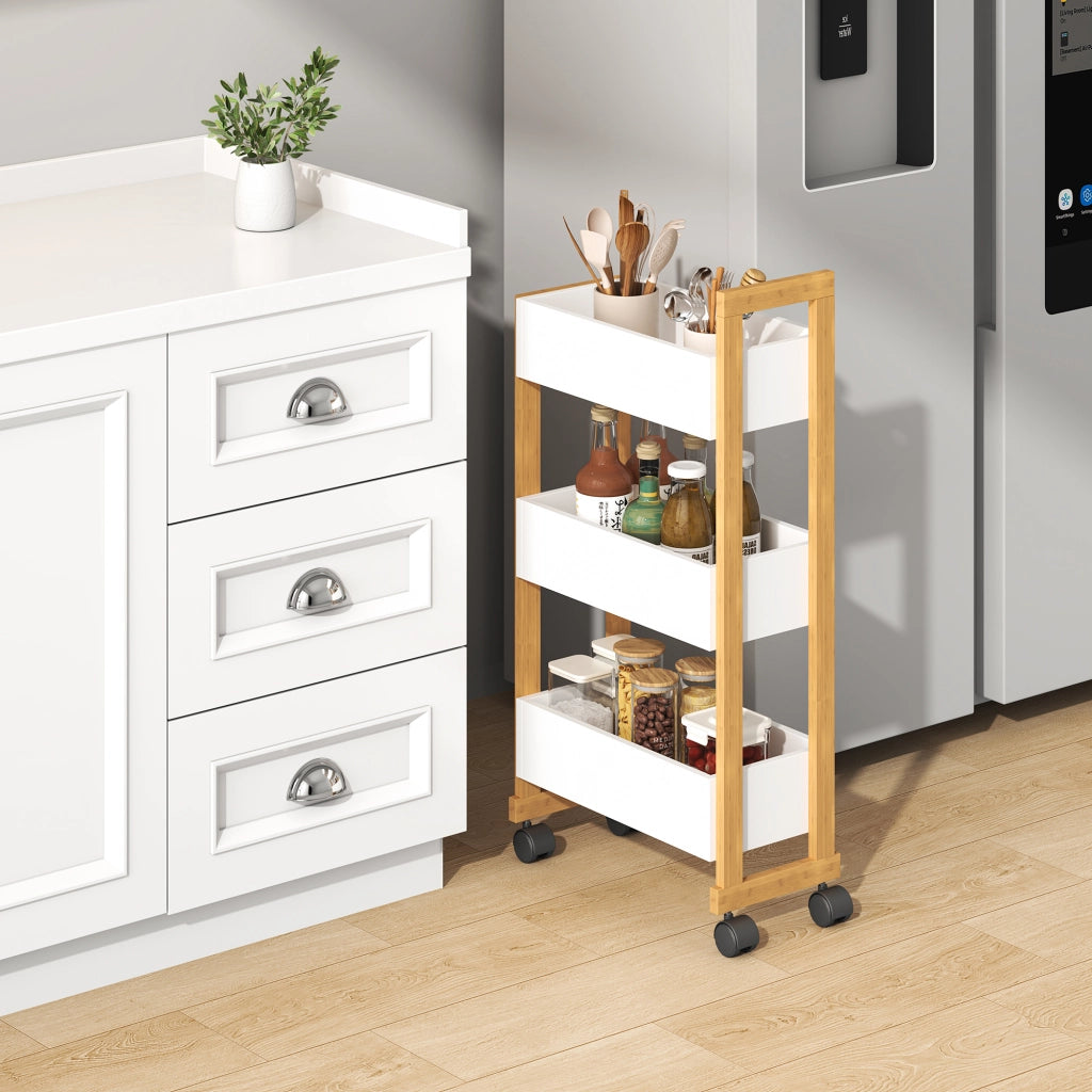 Carrello Portaoggetti Varulta Scaffale con Rotelle e 3 Scomparti 80 x 41 x 20 cm - Naturale / Bianco [en.casa]