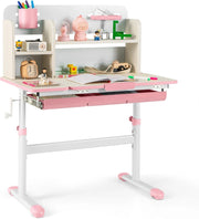 Scrivania per Bambini Regolabile in Altezza da 50 a 73cm, Rosa | Scrivania da Studio con Piano Inclinabile 60°, Scrittoio Cameretta con Scaffale, Cassetto, Portapenne e Righello