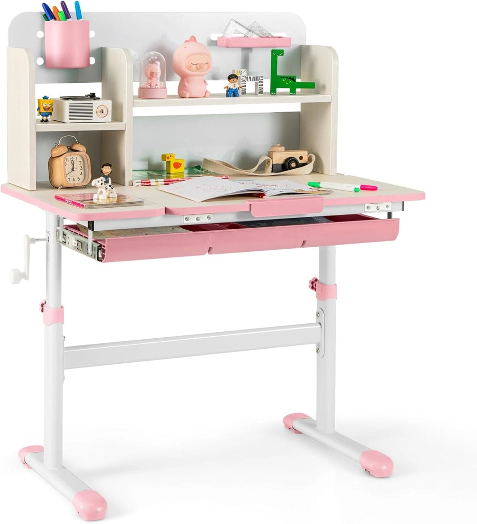 Scrivania per Bambini Regolabile in Altezza da 50 a 73cm, Rosa | Scrivania da Studio con Piano Inclinabile 60°, Scrittoio Cameretta con Scaffale, Cassetto, Portapenne e Righello