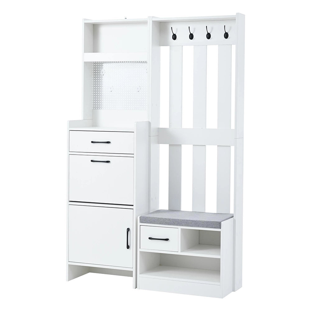 Appendiabiti 7 in 1 con panchina - Xylo - 7 ganci, pannello forato, 2 cassetti, bianco, 110x35x175.5 cm