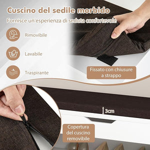 Scarpiera Panca con Cuscino, Scarpiera da Ingresso Salvaspazio, Panca Contenitore per Ingresso Corridoio, 104x30x48 cm, Carico 150 kg (Bianco)