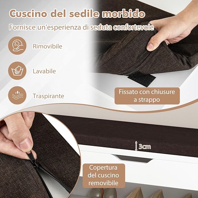 Scarpiera Panca con Cuscino, Scarpiera da Ingresso Salvaspazio, Panca Contenitore per Ingresso Corridoio, 104x30x48 cm, Carico 150 kg (Bianco)