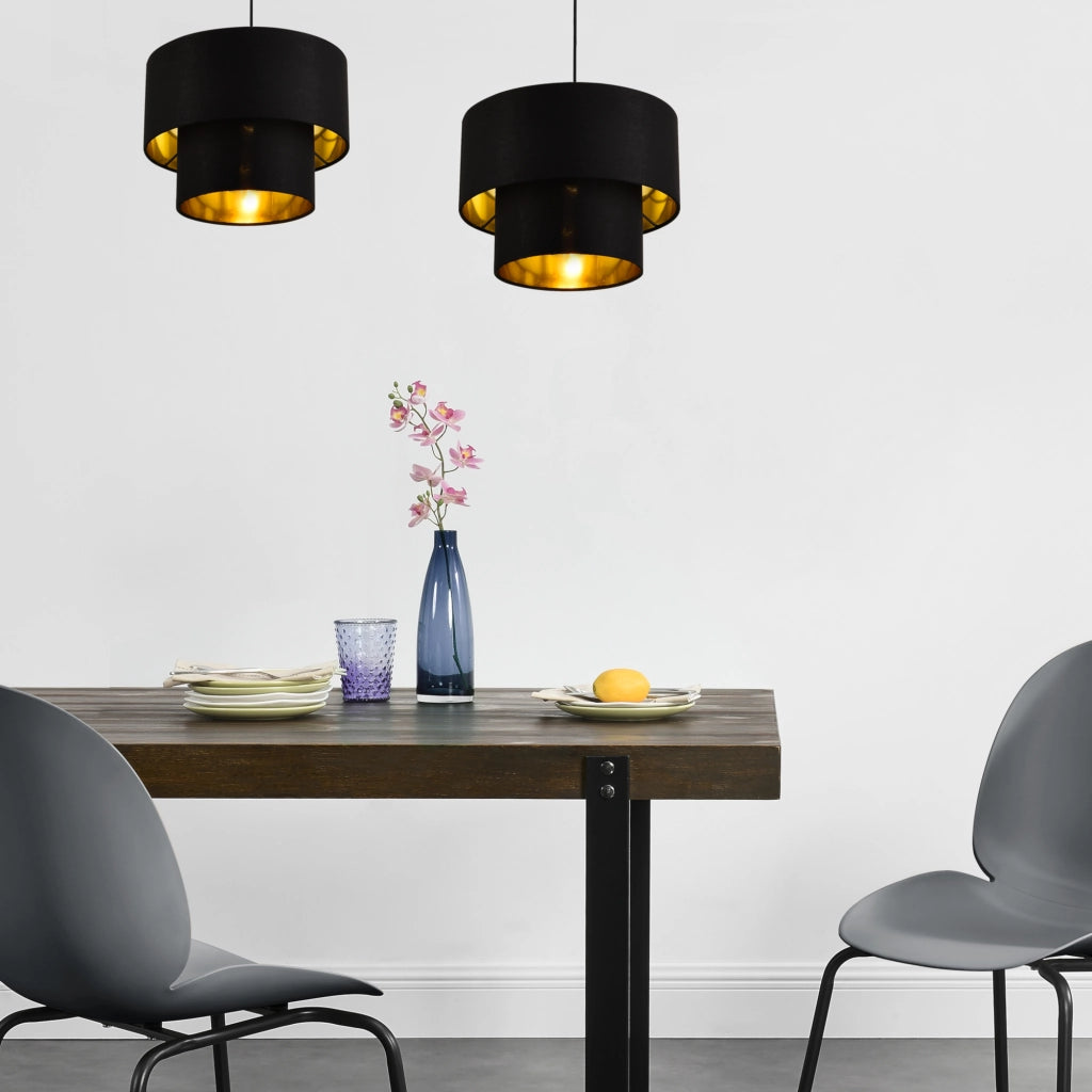 Lampada a Sospensione Lopar con Doppio Paralume in Tessuto Ø 30 cm - Nero / Oro lux.pro