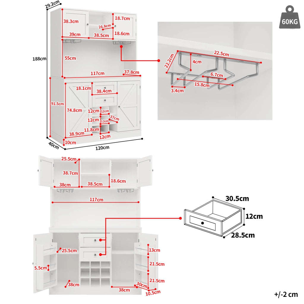 Credenza da Cucina Alta con 4 Ante; 2 Cassetti; Ripiani Regolabili e Portabottiglie in MDF Bianco 120 x 40 x 188 cm