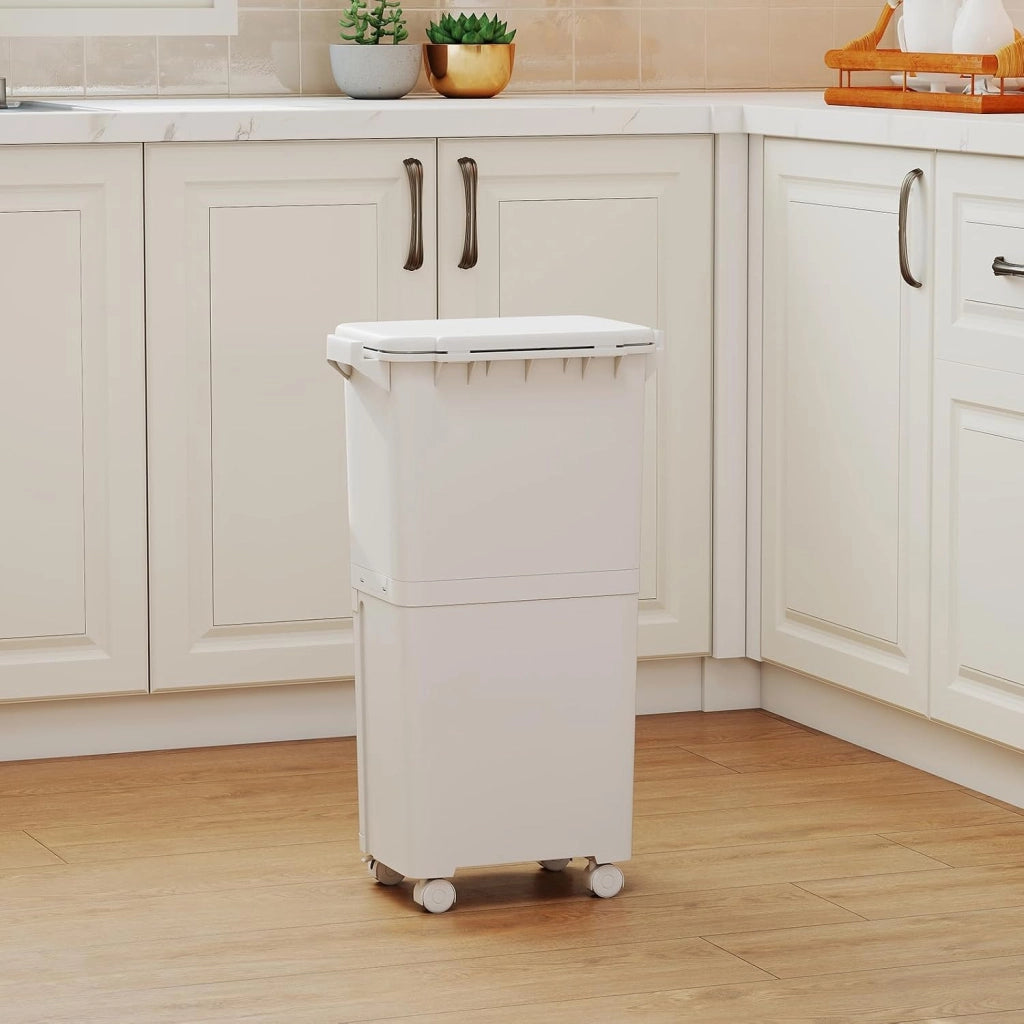 40L Pattumiera Differenziata a 3 Scomparti, Bidone per Spazzatura con Cestino Rimovibile e 4 Ruote, Secchio Rifiuti a Pedale per Cucina Sala da Pranzo Soggiorno (Bianco)
