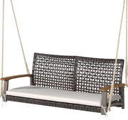 Altalena da Esterno 2 Posti in Rattan PE, Dondolo Sospeso con Cuscini e Braccioli in Legno di Acacia, Carico 360 kg, 131 X 68 X 54 CM, Panca Sospesa per Giardino, Balcone, Terrazza (Bianco)
