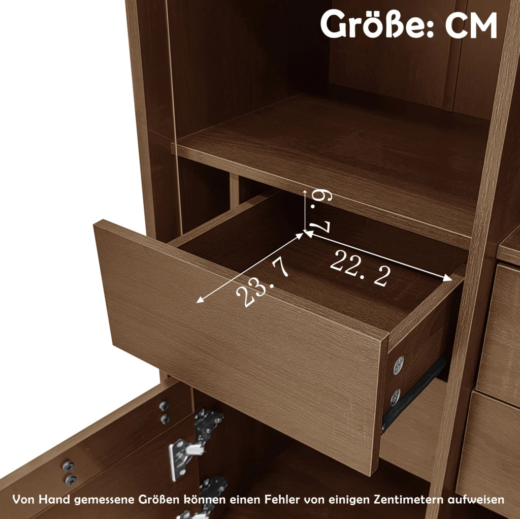 Credenza multifunzione con vetrina in vetro; 4 cassetti nascosti e ripiani; finitura noce