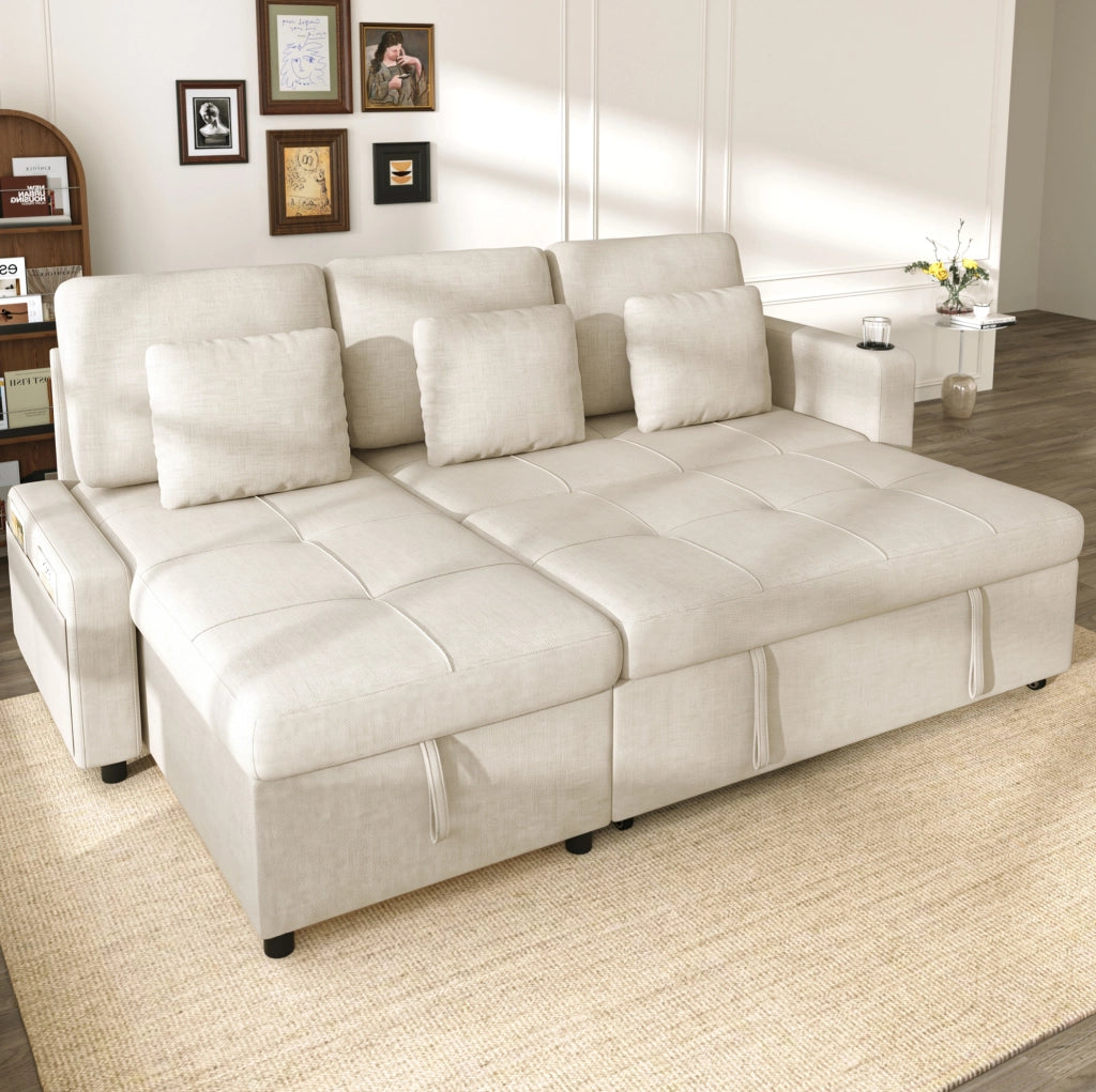 DIVANO LETTO 3 Posti Estraibile con Récamiere e Contenitore in Chenille Beige Chiaro
