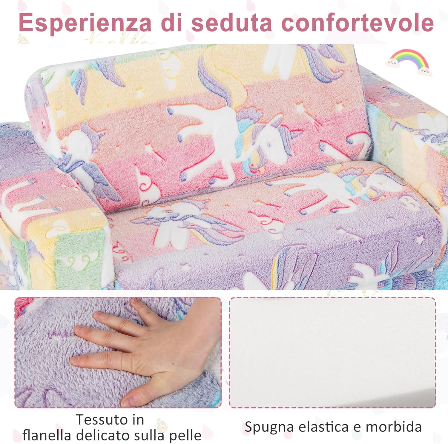 Divano Poltrona per Bambini 2 in 1 con Schienale Ribaltabile, Divano Multifunzionale per Bambini con Copertura in Flanella Rimovibile, per Bambini Sotto 12 Anni