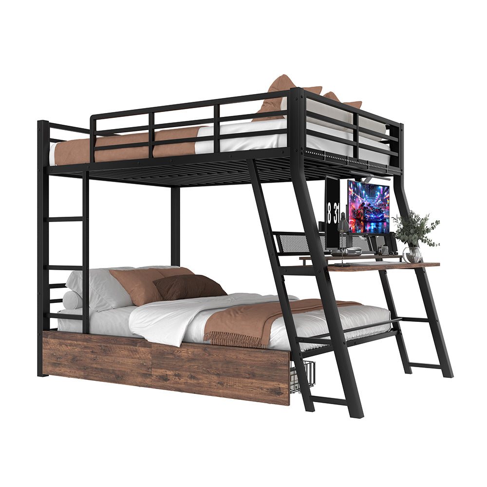 Letto a castello 140x200cm - Xylo - nero, LED, scrivania, metallo EN747