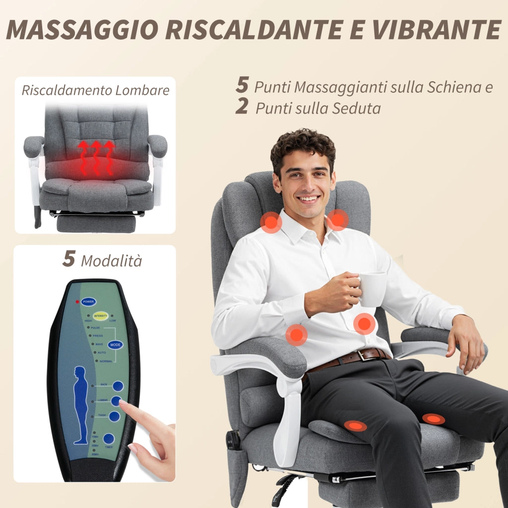 Poltrona da Ufficio con Telecomando e 6 Punti di Massaggio. in Tessuto misto velluto e lino. 67x79x111-121 cm. Grigio