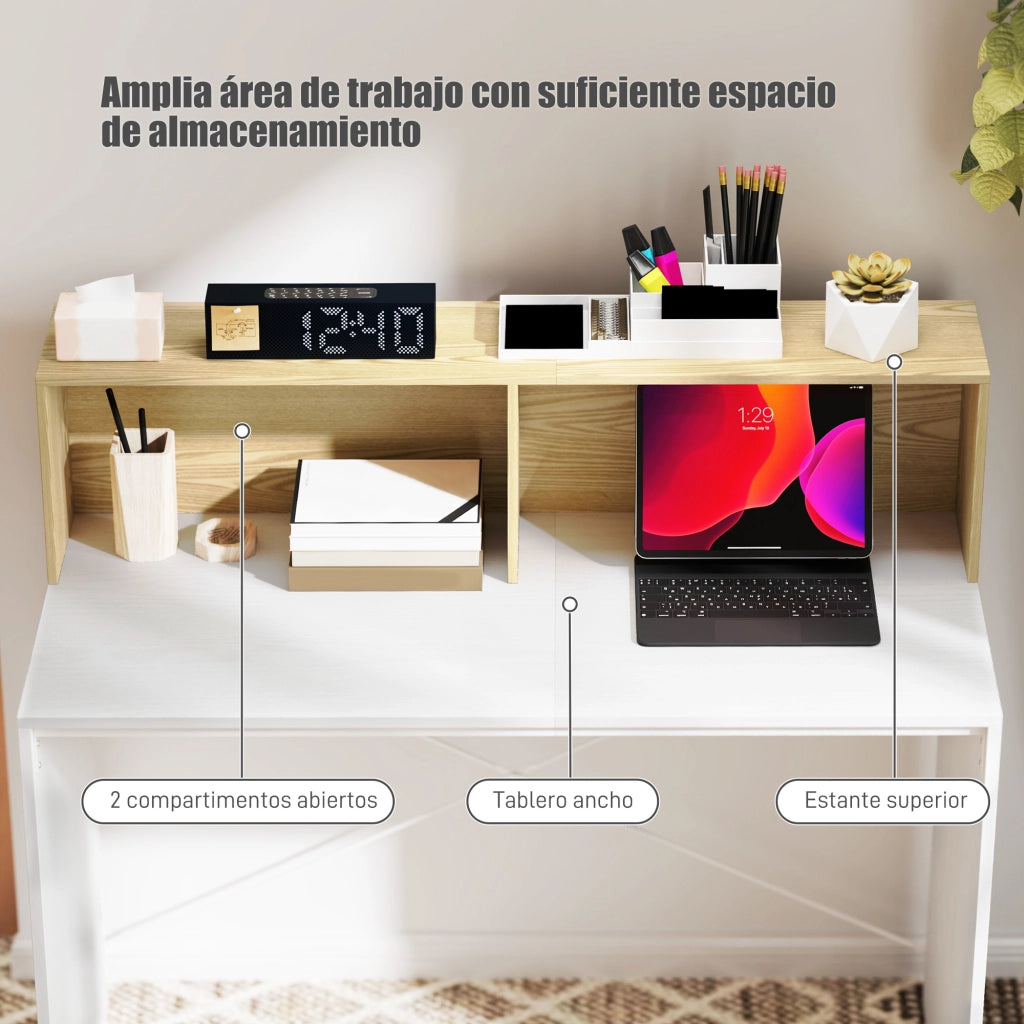 Scrivania con scaffale e 2 cassetti ¨C Zephmum ¨C Bianco e legno naturale 110x50x102,6 cm