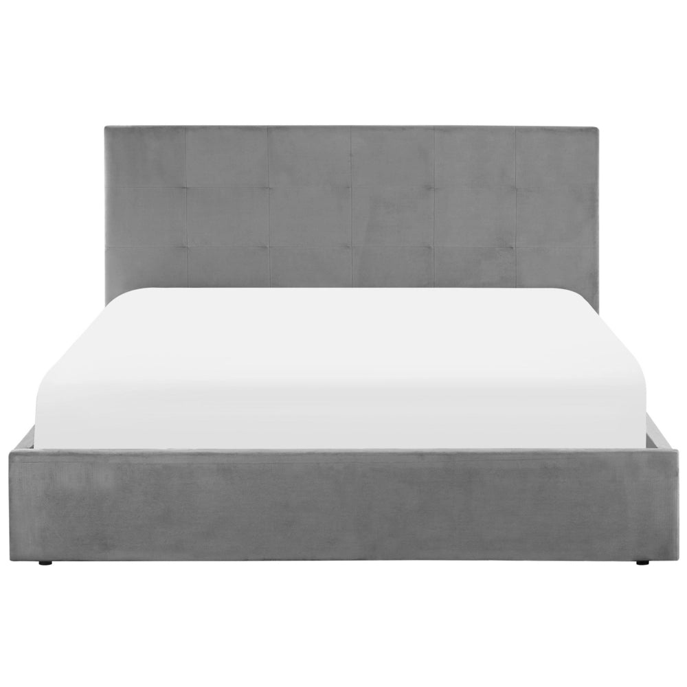 Letto matrimoniale con contenitore portaoggetti e testiera imbottita 160x200 cm in velluto grigio