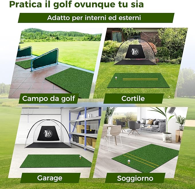 Tappeto da Allenamento Golf 3-in-1, Tappetino da Allenamento in Erba Sintetica con 2 Punte da Golf, 2 Aste di Allineamento e 3 Fori Preforati per le Punte