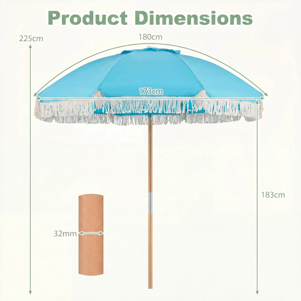 Ombrellone da spiaggia 170 cm, ombrellone rotondo con bastone di legno, ombrellone terrazza esterna inclinabile a 30° con 8 aste e doppio strato ventilato, per giardino, balcone