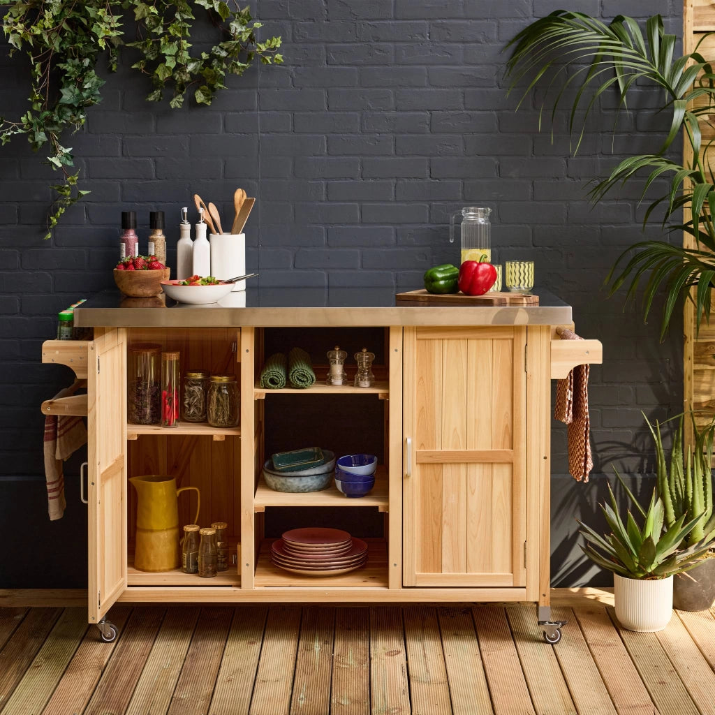Carrello da cucina da esterno in legno con maniglie e 7 vani