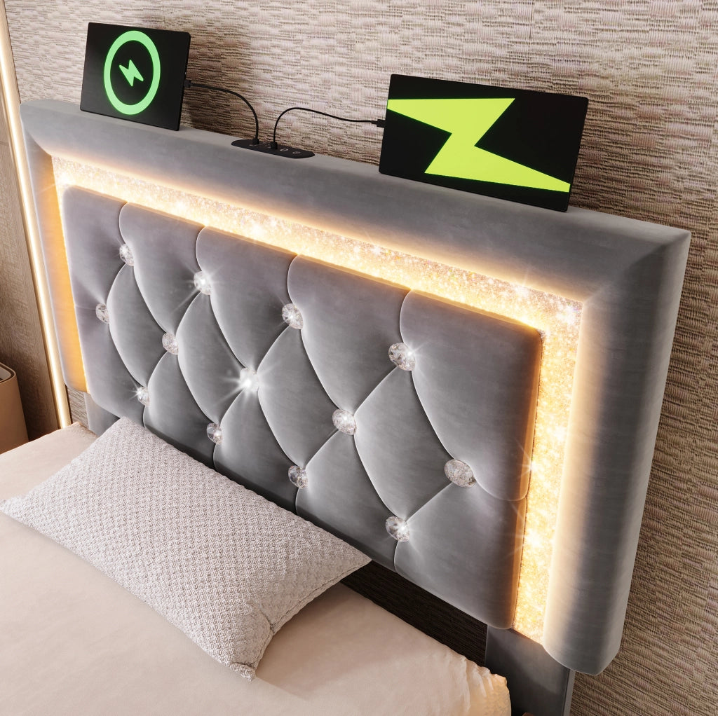 Letto singolo imbottito ULEVR 90x200 cm con contenitore idraulico, LED, USB e USB-C, velluto grigio