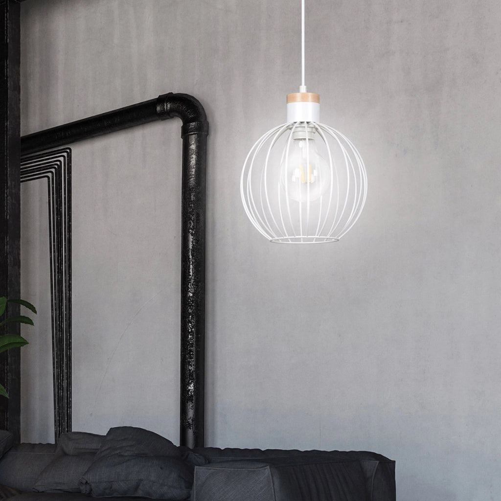 Sospensione 1 Luce Morgana Paralume A Gabbia In Acciaio Bianco E Legno Naturale