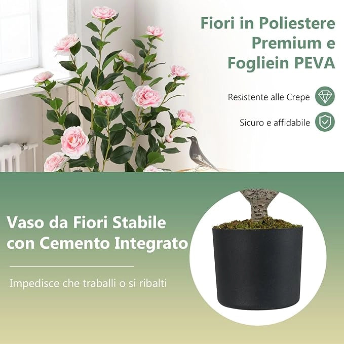 Albero di Camelia Artificiale 90 cm, Pianta Finta in Vaso con 16 Fiori Vivaci e 116 Foglie Vibranti, Pianta Decorativa per Soggiorno, Camera da Letto, Ufficio e Veranda (Rosa)