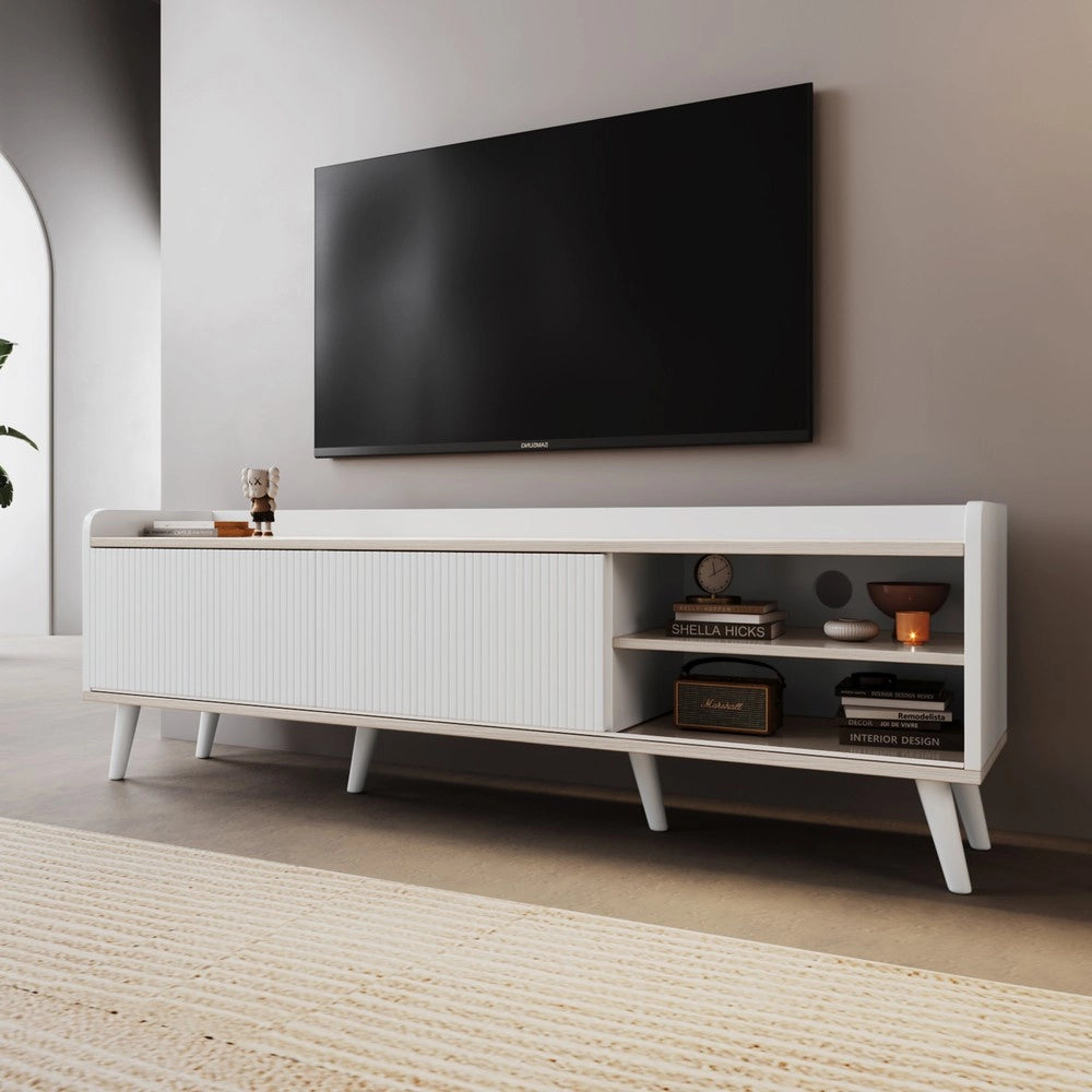 Mobile TV con Cassetti e Ante Scorrevoli ¨C Xylo ¨C Bianco e Legno, 160x58x40 cm