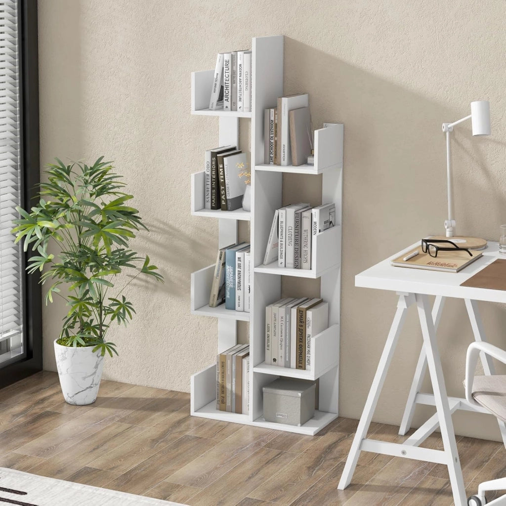 Scaffale Libreria a Albero, a 8 Livelli, Ideale per Soggiorno, Studio e Ufficio, Stile Moderno, Nero/Bianco/Marrone, 50x24,5x145 cm (Bianco)