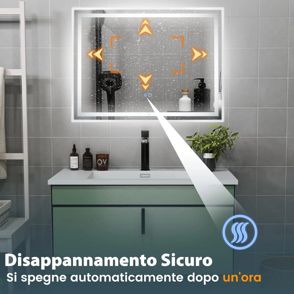Specchio da Parete 80 x 60cm, Specchio da Bagno Rettangolare con Luce Led a 3 Colori, Interruttore Touch, Funzione Antivapore e Memoria, IP44