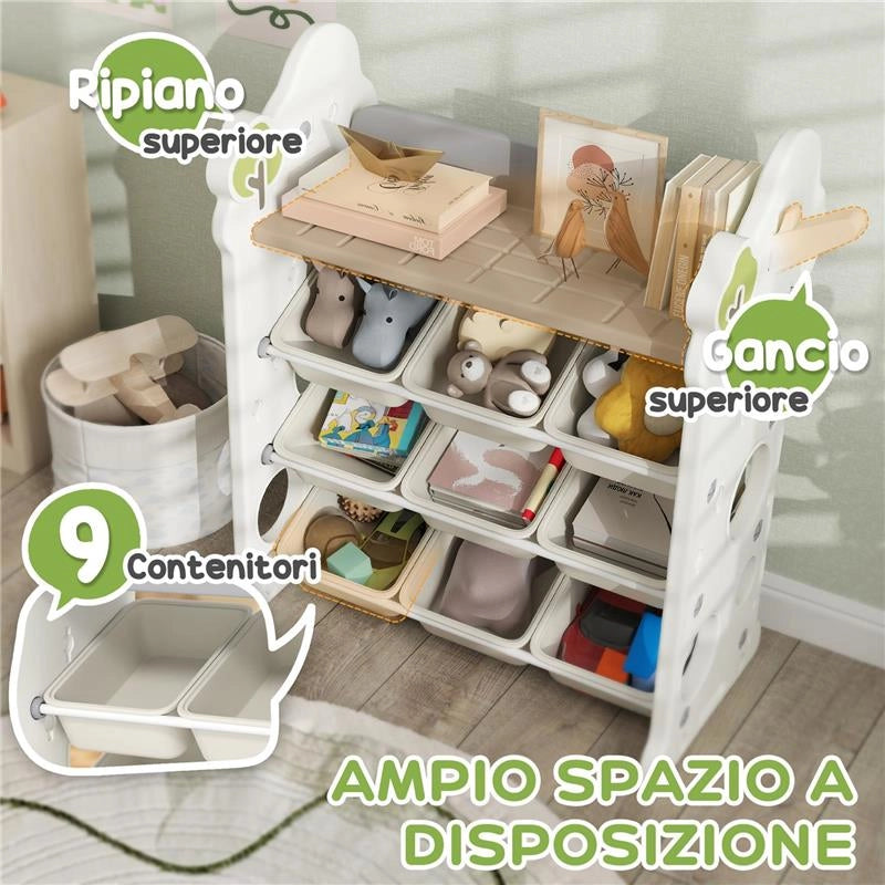 SCAFFALE PORTAGIOCHI A 4 LIVELLI CON 9 CONTENITORI E GANCIO LATERALE IN HDPE 77X42X94 CM BIANCO CREMA