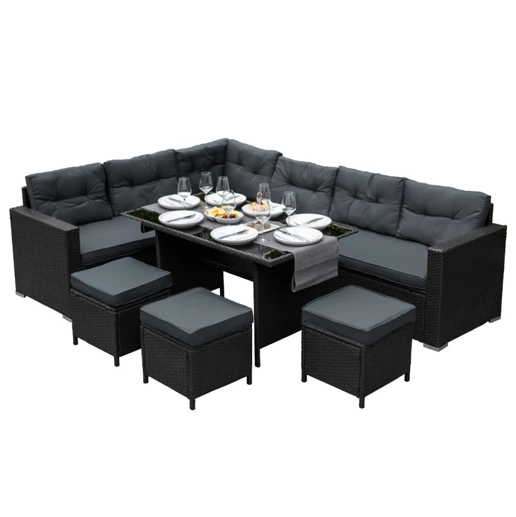 Set d'angolo in rattan Mobili da giardino Nero Divano Sgabelli Tavolo Cuscini Impermeabili