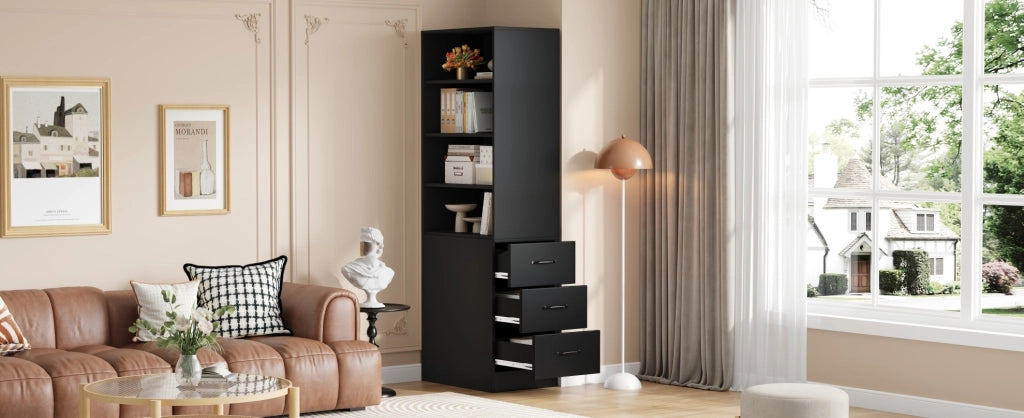 Libreria stretta 60x38x180 cm nera con cassetti laterali