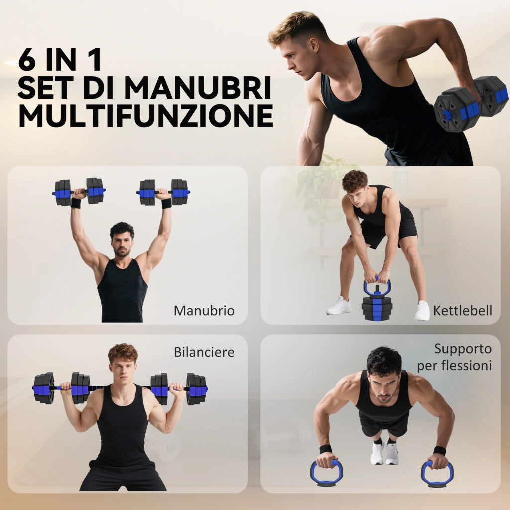 Set Pesi da Palestra 6 in 1 in Plastica e Sabbia Utilizzabile come Kettlebell Manubri Bilanciere Supporto Blu