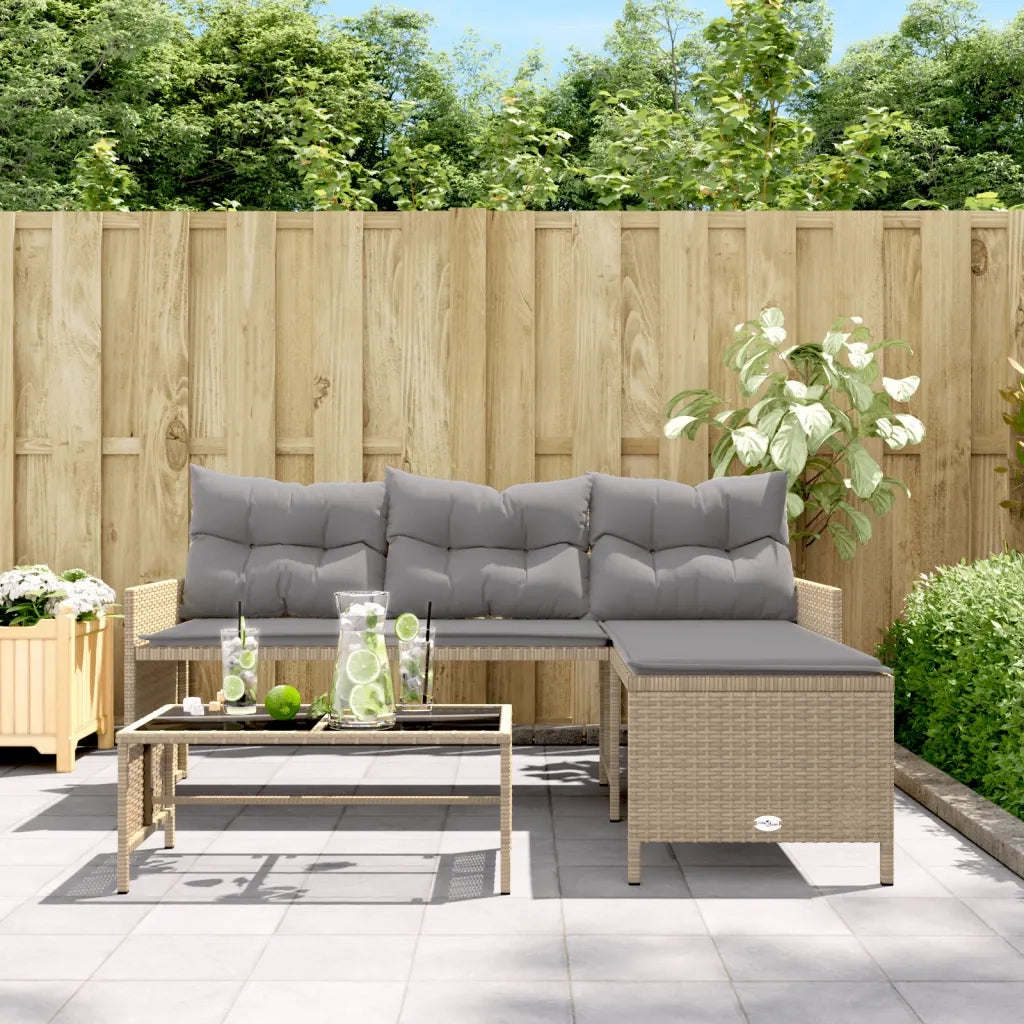 Divano Giardino con Tavolo e Cuscini a L-Sofa da Giardino-Divanetto da esterno Beige Misto Polyrattan
