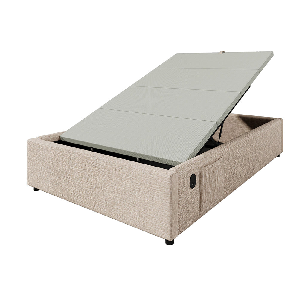 Letto singolo con cassetti - Xylo - 90x190 cm - Lino naturale - USB-C